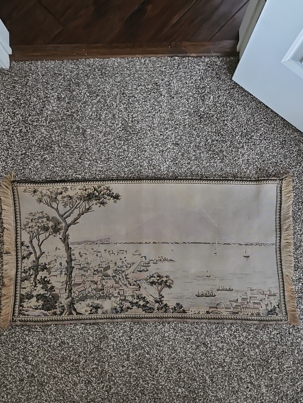 Antique ltalian Tapestry 'The Harbour at Naples' Featuring Mount Vesuvius